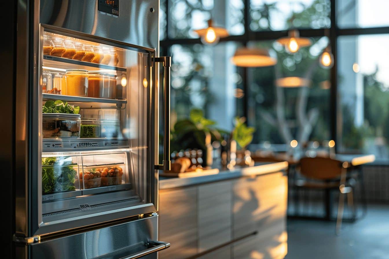 Frigo connecté avec produits frais et modernes  
Cantine d'entreprise animée avec repas variés